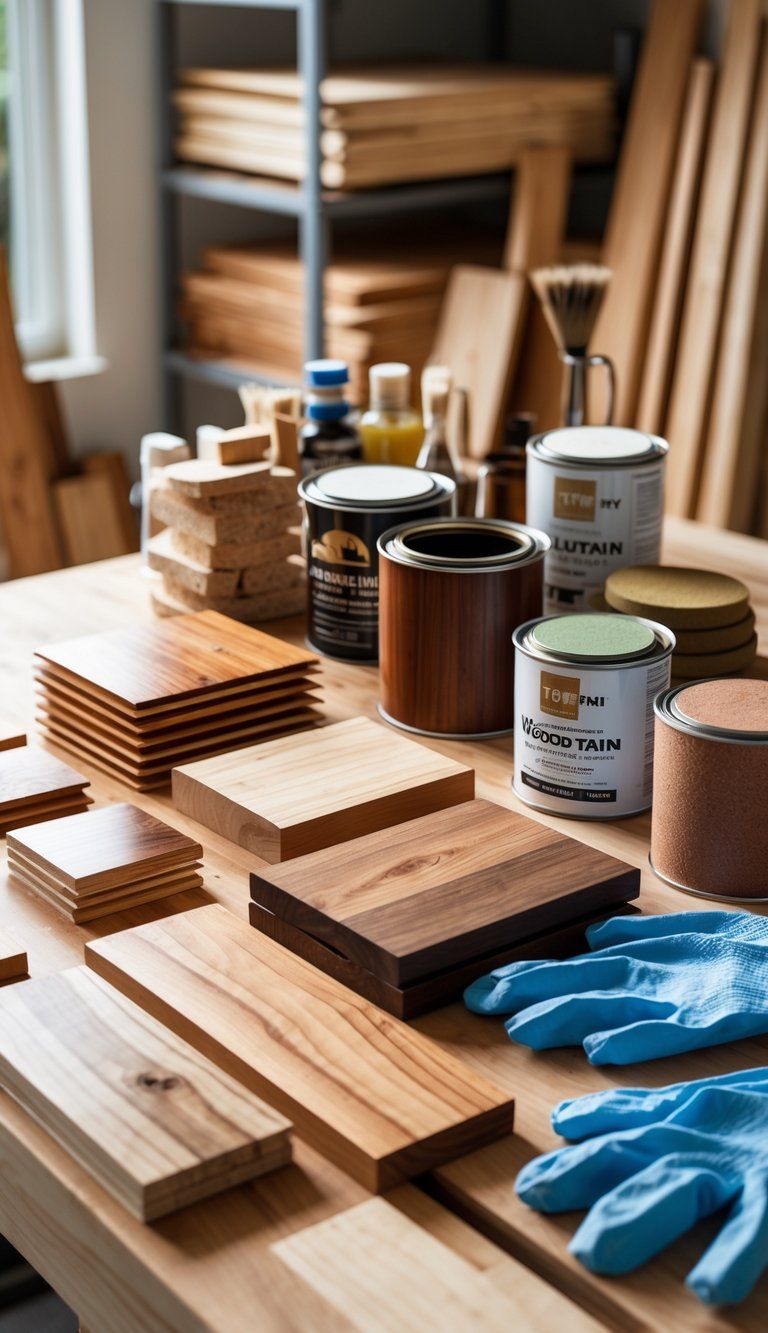 A woodworking workspace with various wood samples showing different finishes, tools like brushes and sanding blocks, and wood maintenance products on shelves.