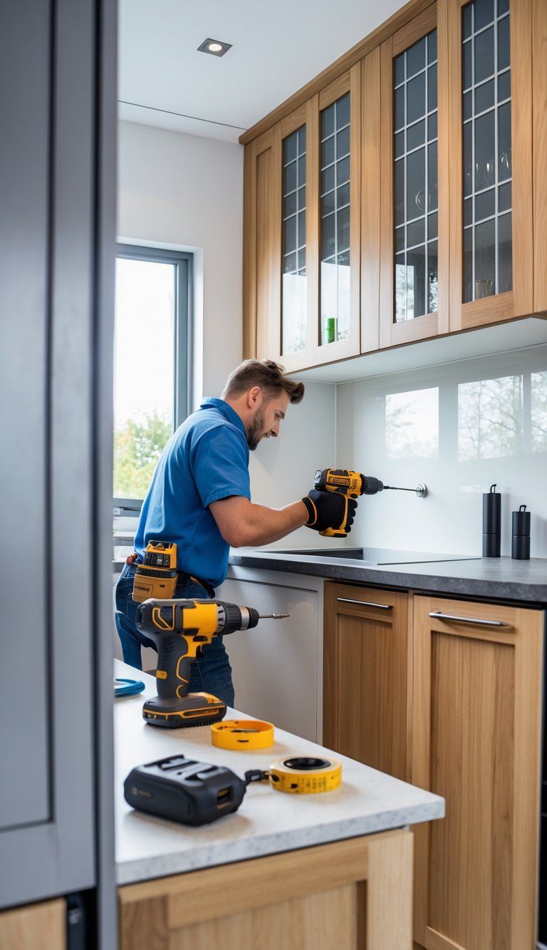 Person installing a kitchen cabinet door in a modern kitchen with various cabinet styles and tools on the countertop.