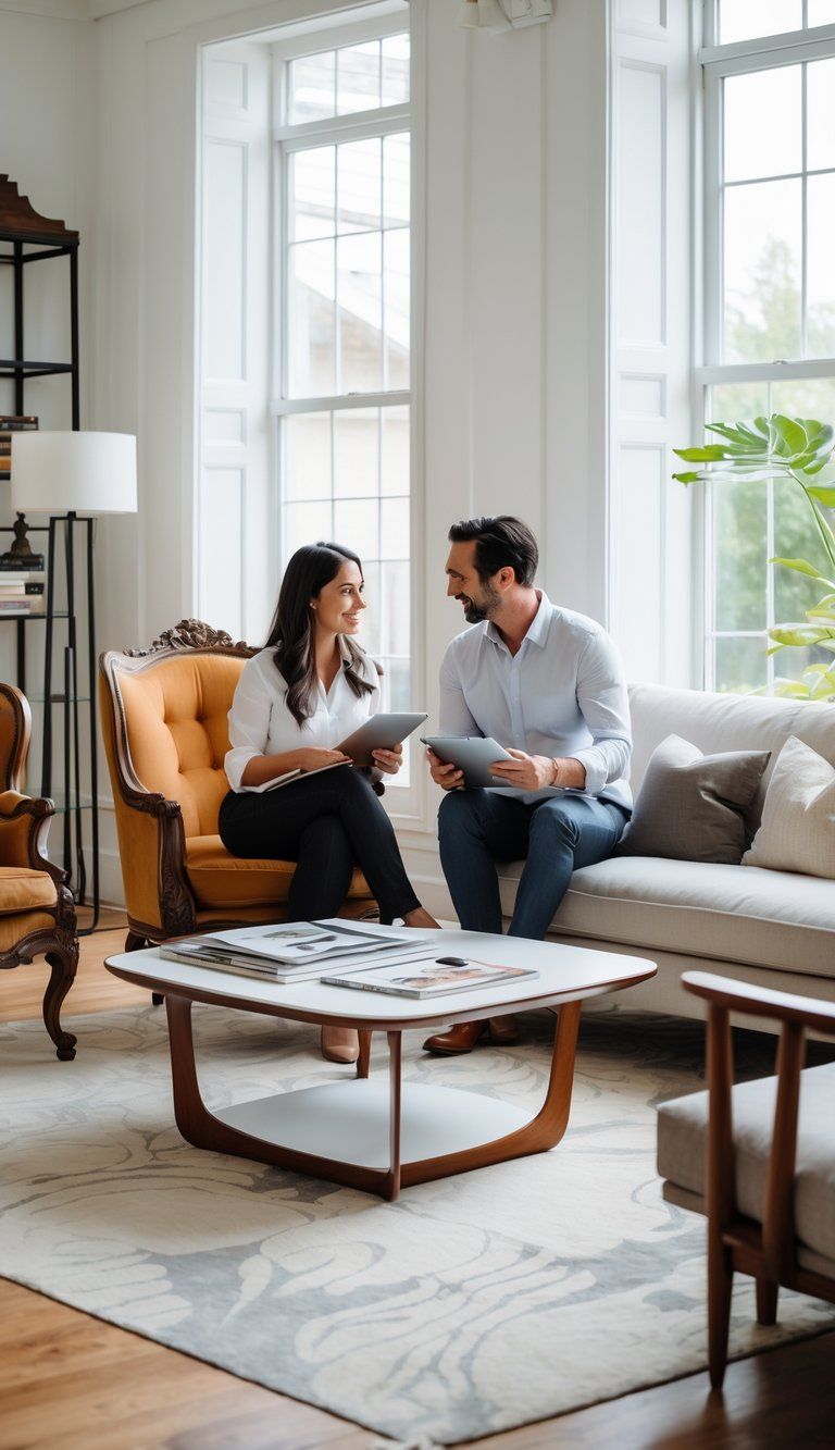 Two design professionals discussing furniture choices in a living room with a mix of old and new pieces.
