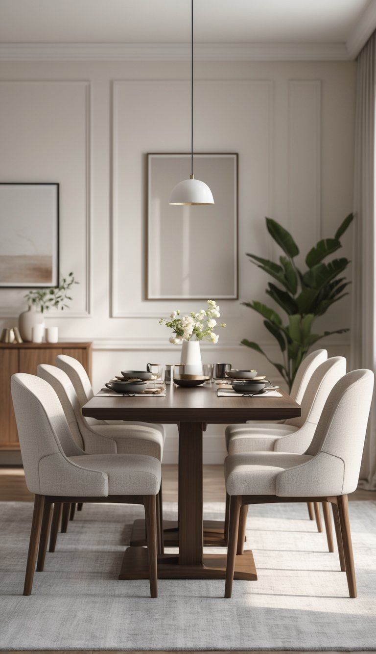 A dining room with a wooden dining table and matching upholstered chairs, featuring complementary furniture and decor in the background.