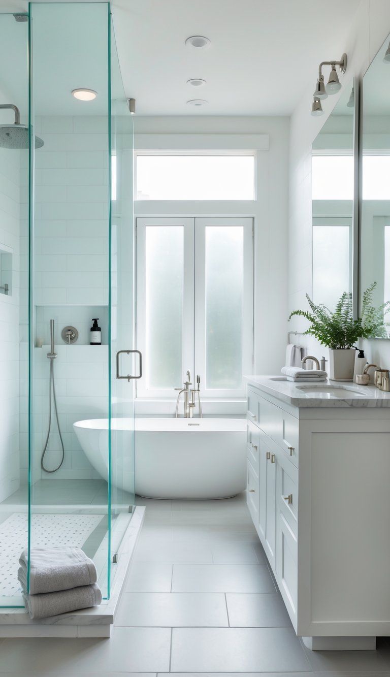 A modern bathroom with a walk-in shower, freestanding bathtub, double vanity, and natural light coming through a window.