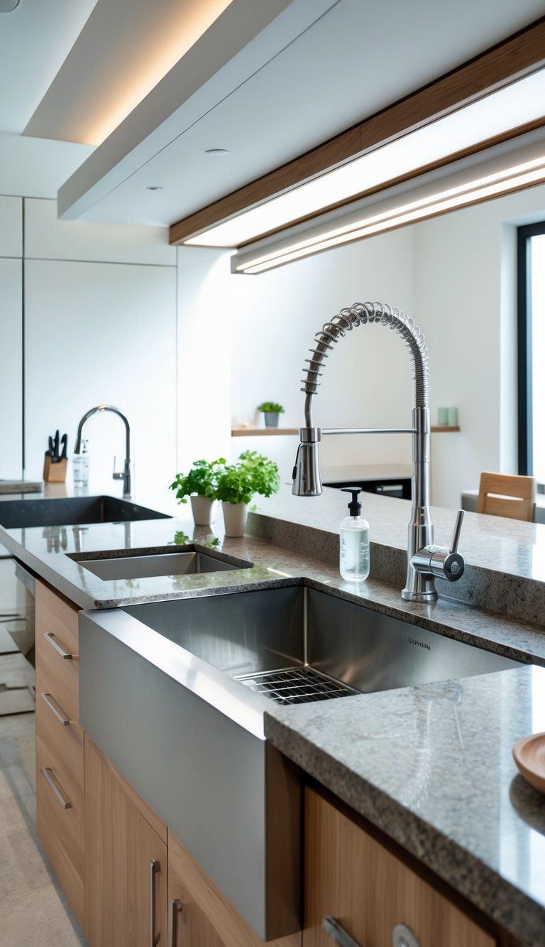A modern kitchen with several types of specialty sinks installed in clean countertops, surrounded by kitchen utensils and plants.