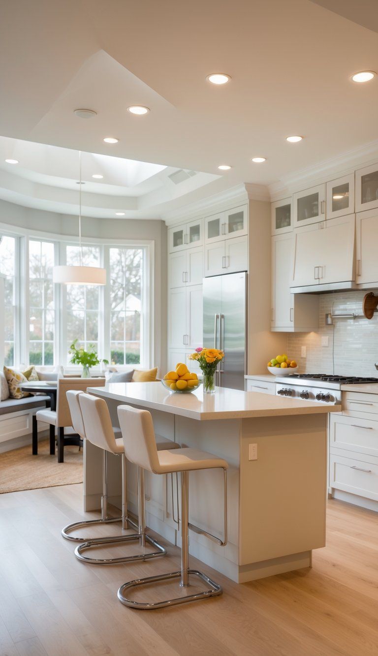 A modern kitchen with a large island surrounded by bar stools and a small breakfast nook with a table and chairs.