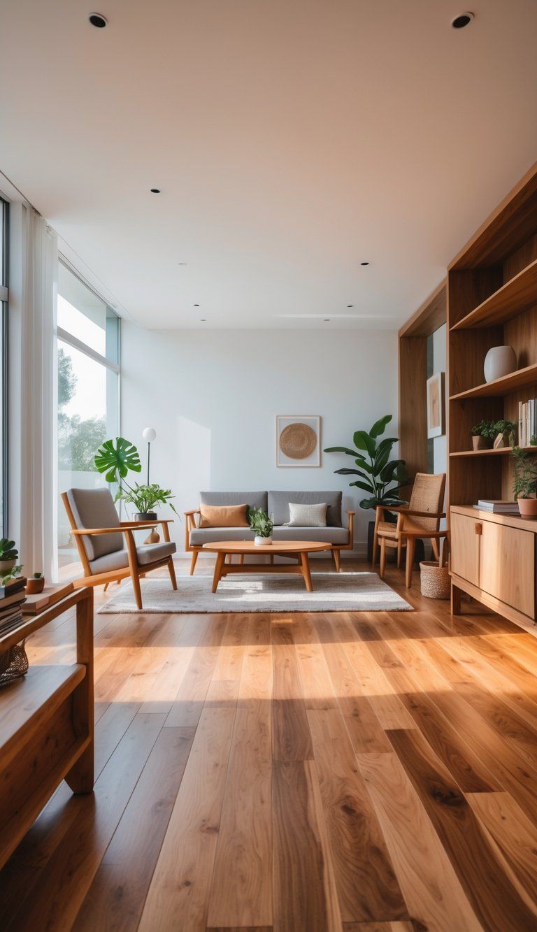 A bright living room with wooden furniture and hardwood floors arranged to show matching and contrasting wood tones.