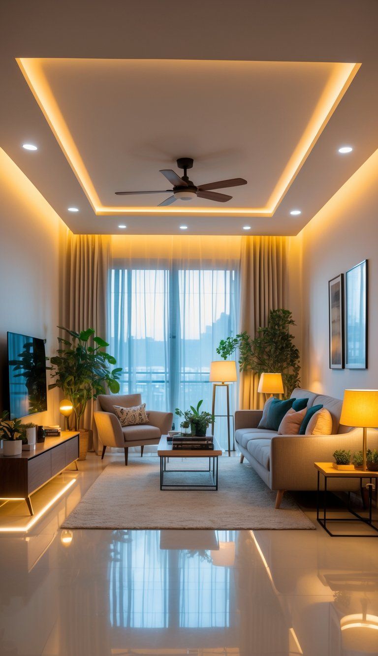 A modern living room with multiple light sources including ceiling lights, floor lamps, and table lamps, with natural light coming through large windows.