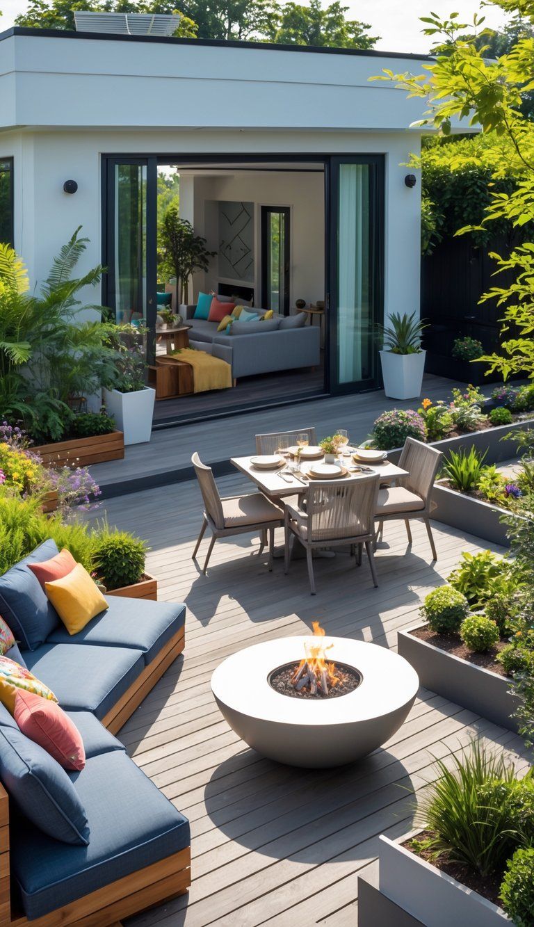 Outdoor patio with comfortable seating, dining table, fire pit, and plants next to a modern house.