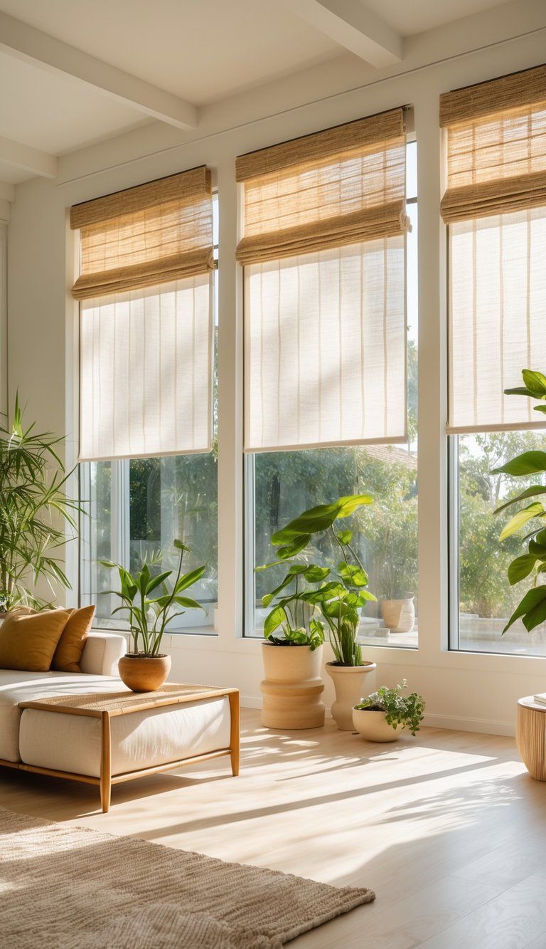 A sunlit living room with large windows covered by natural fiber window treatments, featuring plants and earth-toned furniture.