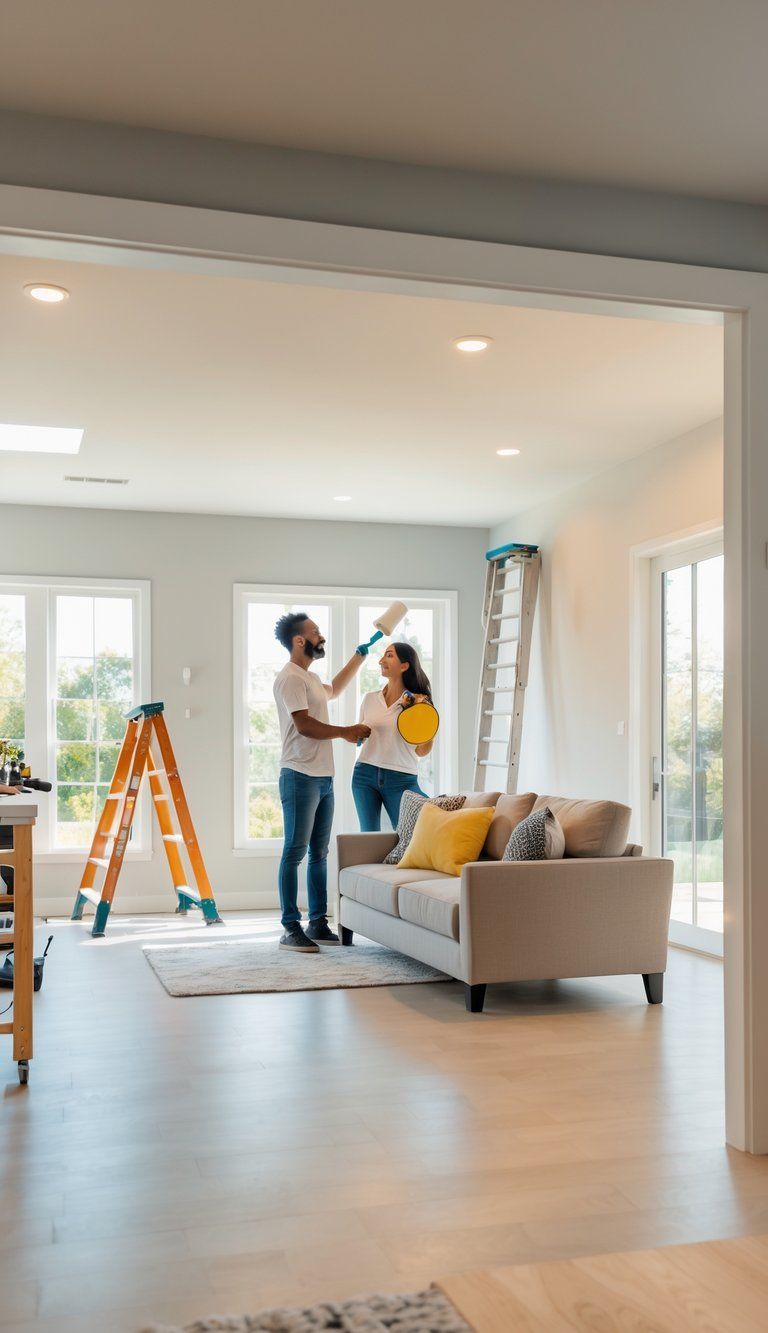 A couple in a bright living room adding final touches to their renovated home, with tools and a ladder in the background.