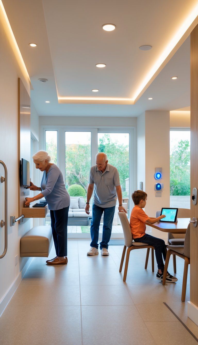A multi-generational family in a bright home with smart devices and accessible design features supporting comfort and safety.