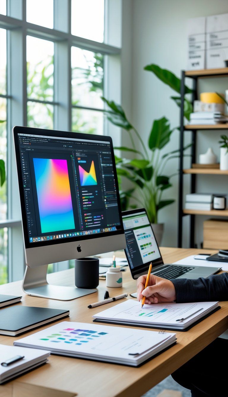 A modern workspace with a designer sketching on paper, a computer displaying design software, and natural light coming through large windows.