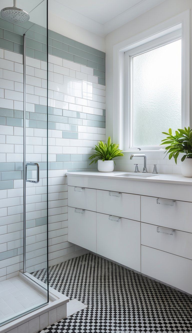 A modern bathroom with white subway wall tiles, gray hexagonal accent tiles, black and white checkerboard floor tiles, a white vanity, glass shower, and natural light.