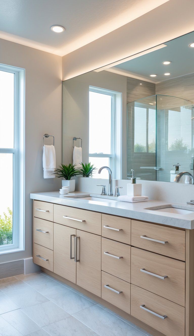 A clean and well-lit bathroom with a vanity, mirror, and sink, featuring towels and a small plant.