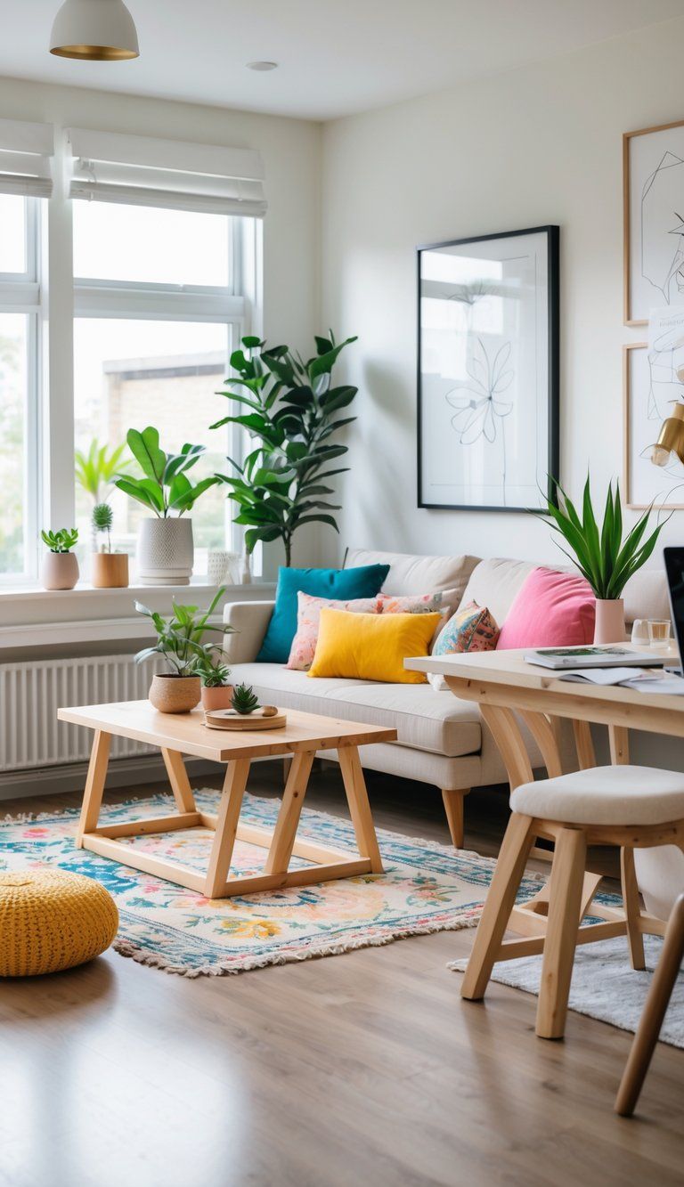 A cozy living room with affordable furniture, plants, and artwork, illuminated by natural light through large windows.