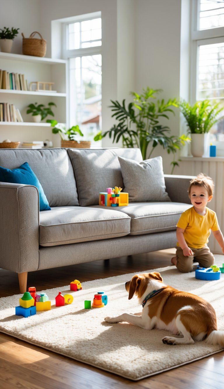 A child playing on the floor and a dog lying on a rug in a bright living room with a durable fabric sofa.