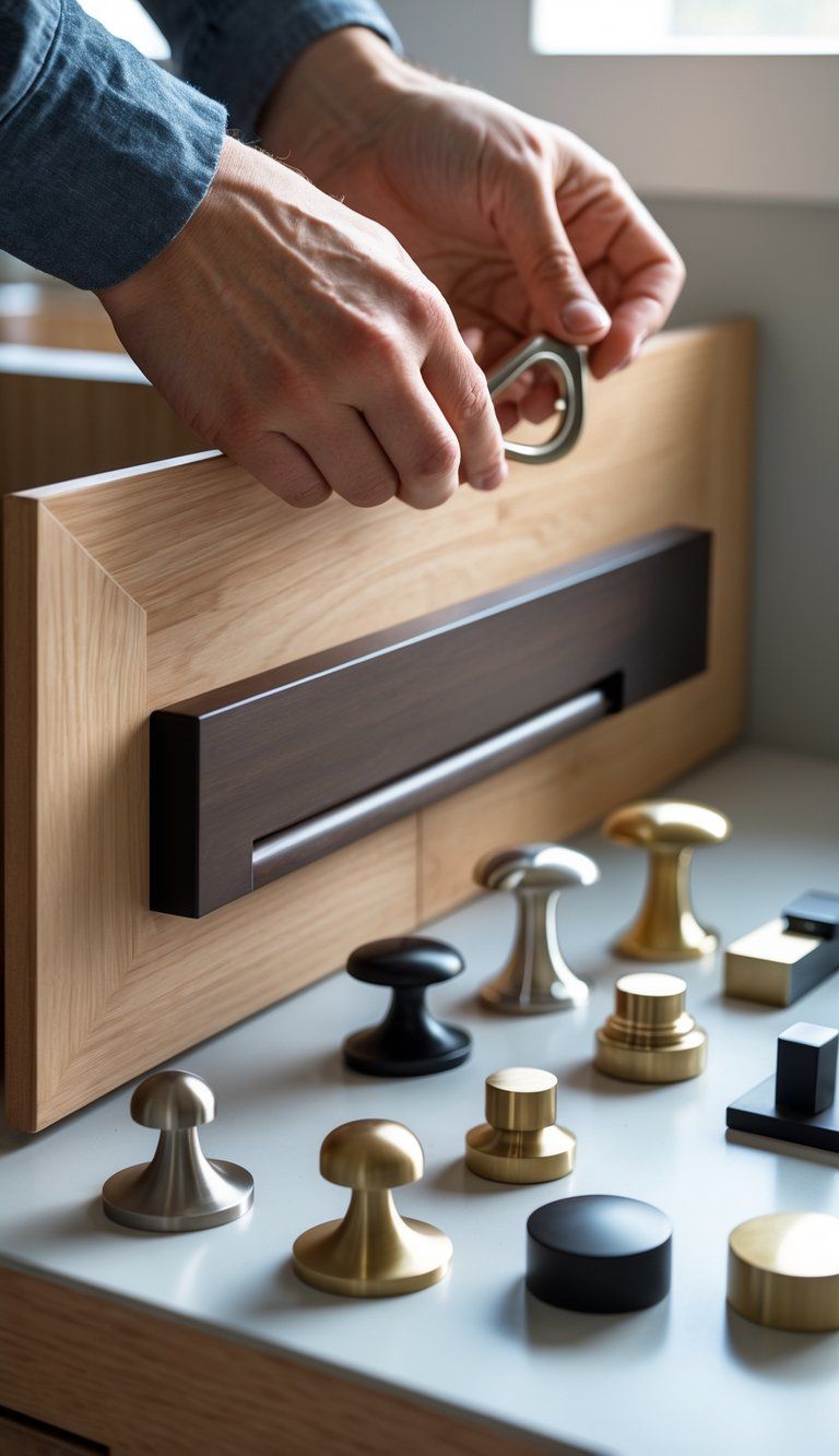 Hands selecting and installing modern cabinet hardware on a wooden cabinet door with various handles displayed nearby.