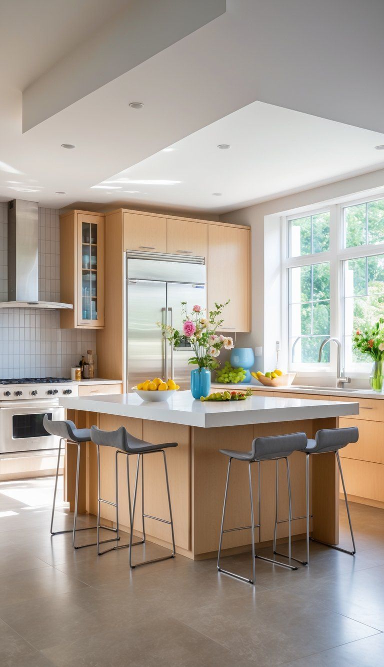 A modern kitchen with a large rectangular island surrounded by four bar stools, stainless steel appliances, and a window letting in natural light.