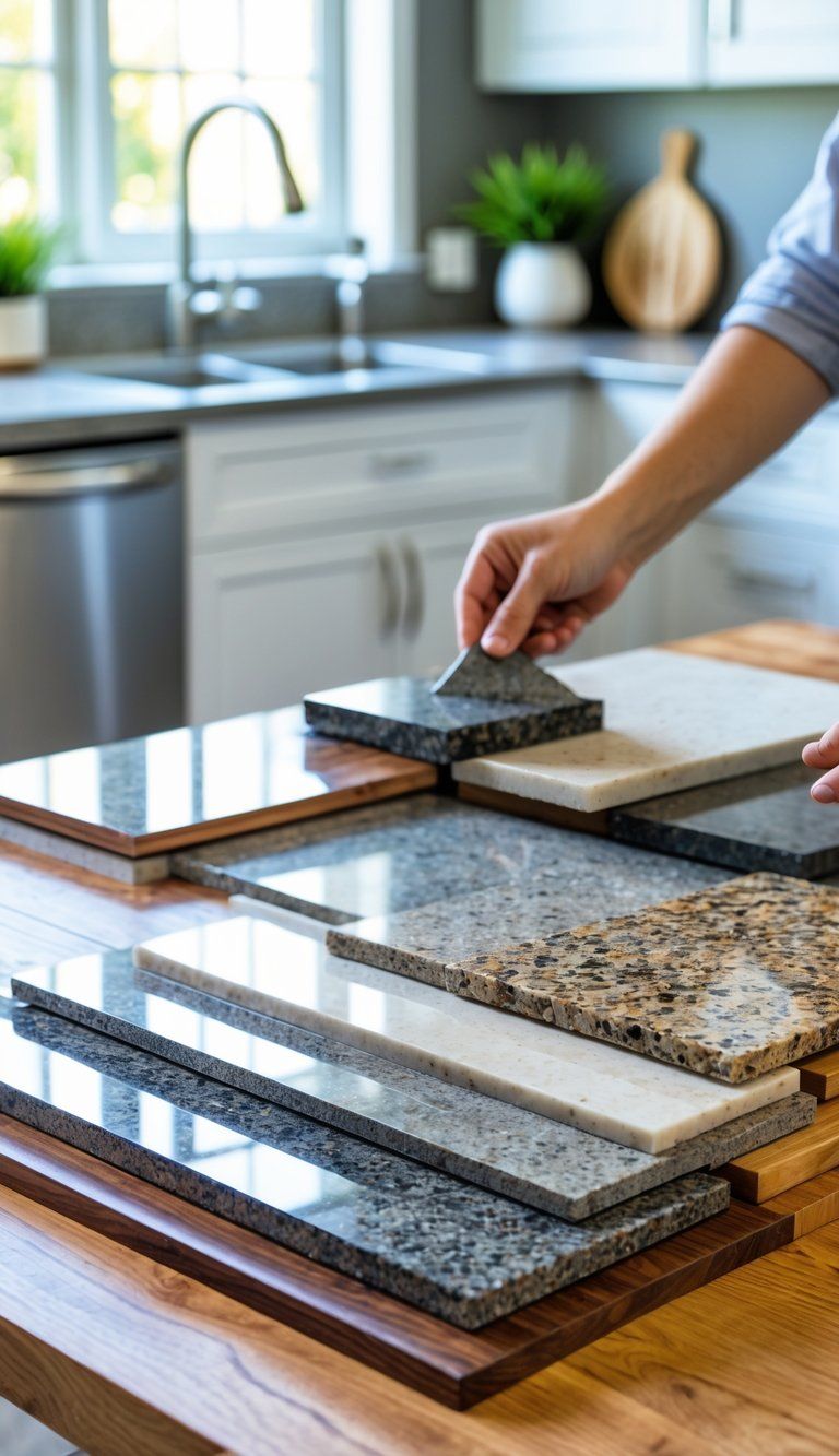 Hands comparing different countertop samples on a wooden table in a bright kitchen with stainless steel appliances and natural light.