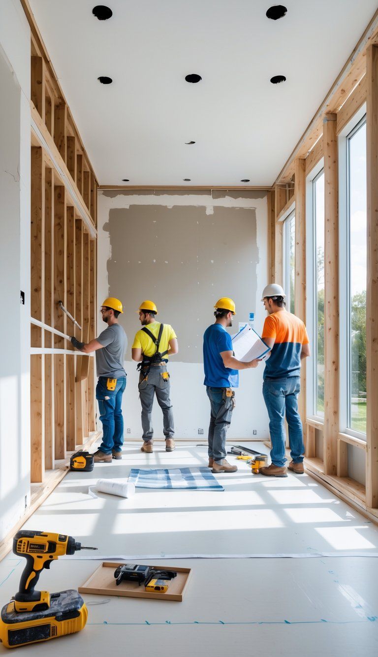 Construction workers measuring, painting, and reviewing plans inside a home undergoing renovation.