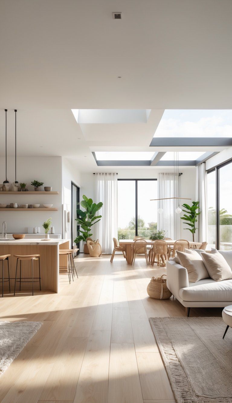 Open living room, dining area, and kitchen connected with matching colors and furniture in a bright home interior.