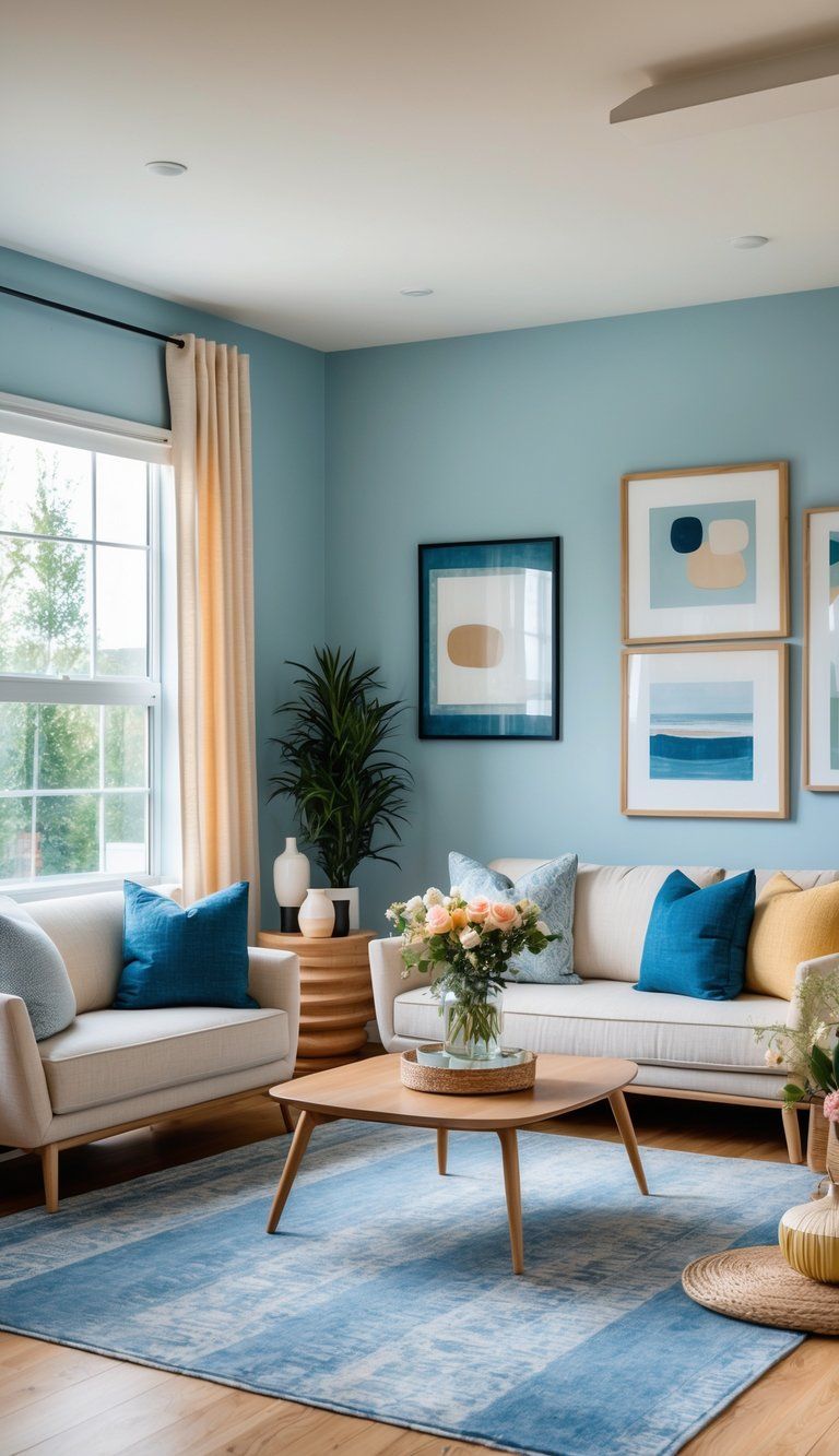 A modern living room with a sofa, coffee table, flowers, and artwork, all featuring a coordinated color scheme.