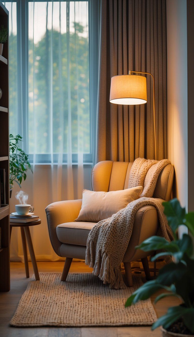 A cozy reading nook with a comfortable armchair, side table with books and tea, floor lamp, plants, and a window letting in natural light.