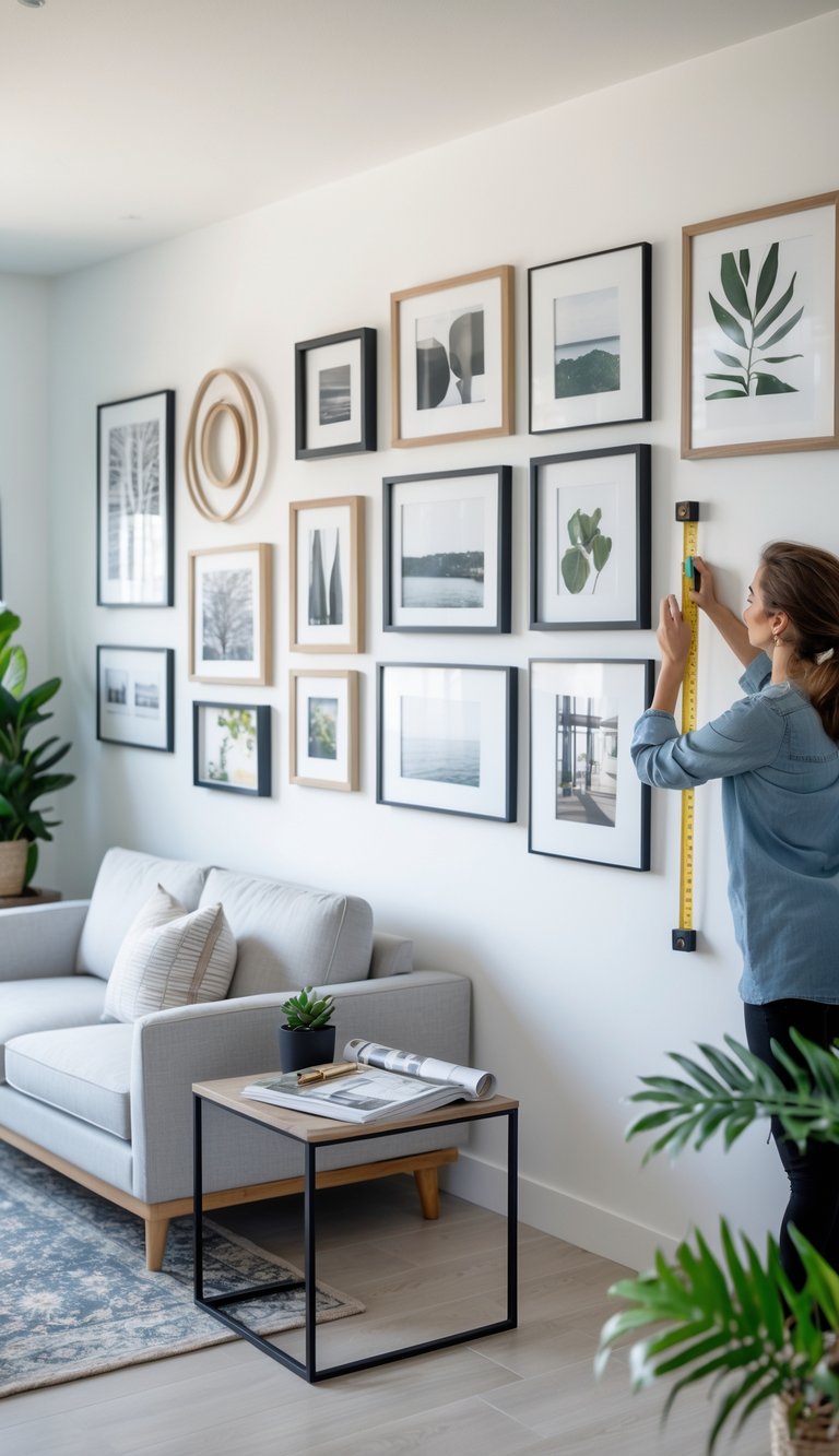 A person arranging framed artworks on a wall in a living room.