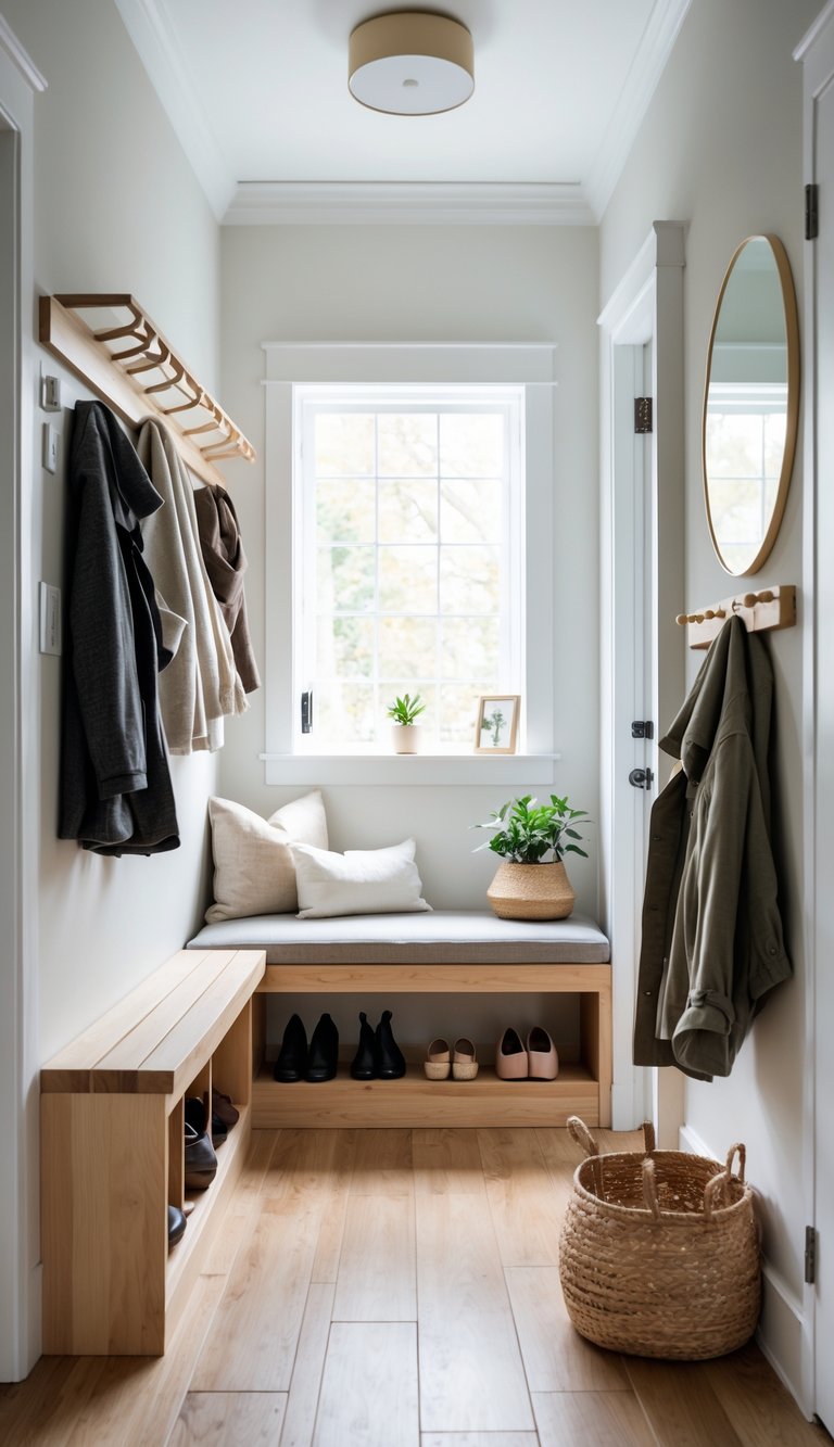 A small, organized entryway with a bench, coat rack, shoe rack, mirror, and a potted plant.
