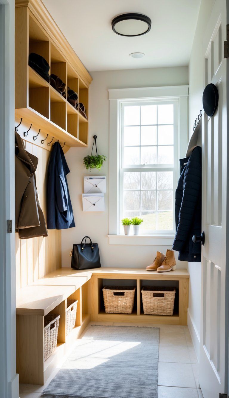 A small, organized mudroom with wooden cubbies, hooks for coats, a bench with storage baskets, and natural light coming through a window.