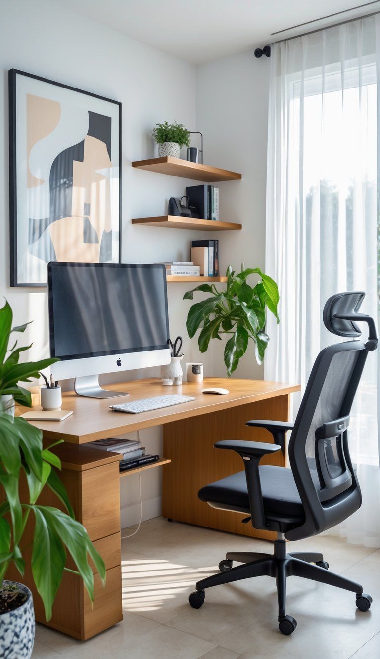 A bright home office with a wooden desk, computer monitor, ergonomic chair, potted plant, and shelves with books and decorations.