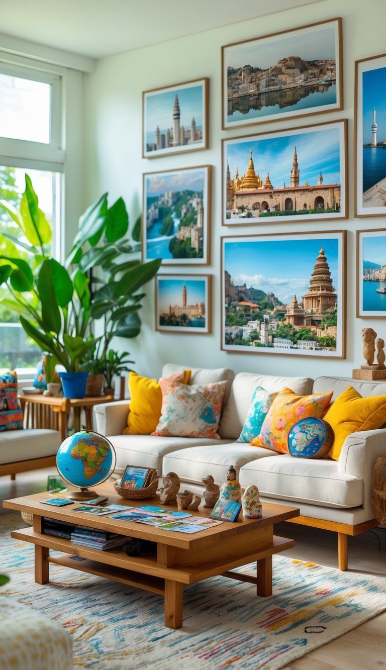 A living room decorated with travel souvenirs, framed photos of landmarks, indoor plants, and comfortable furniture.