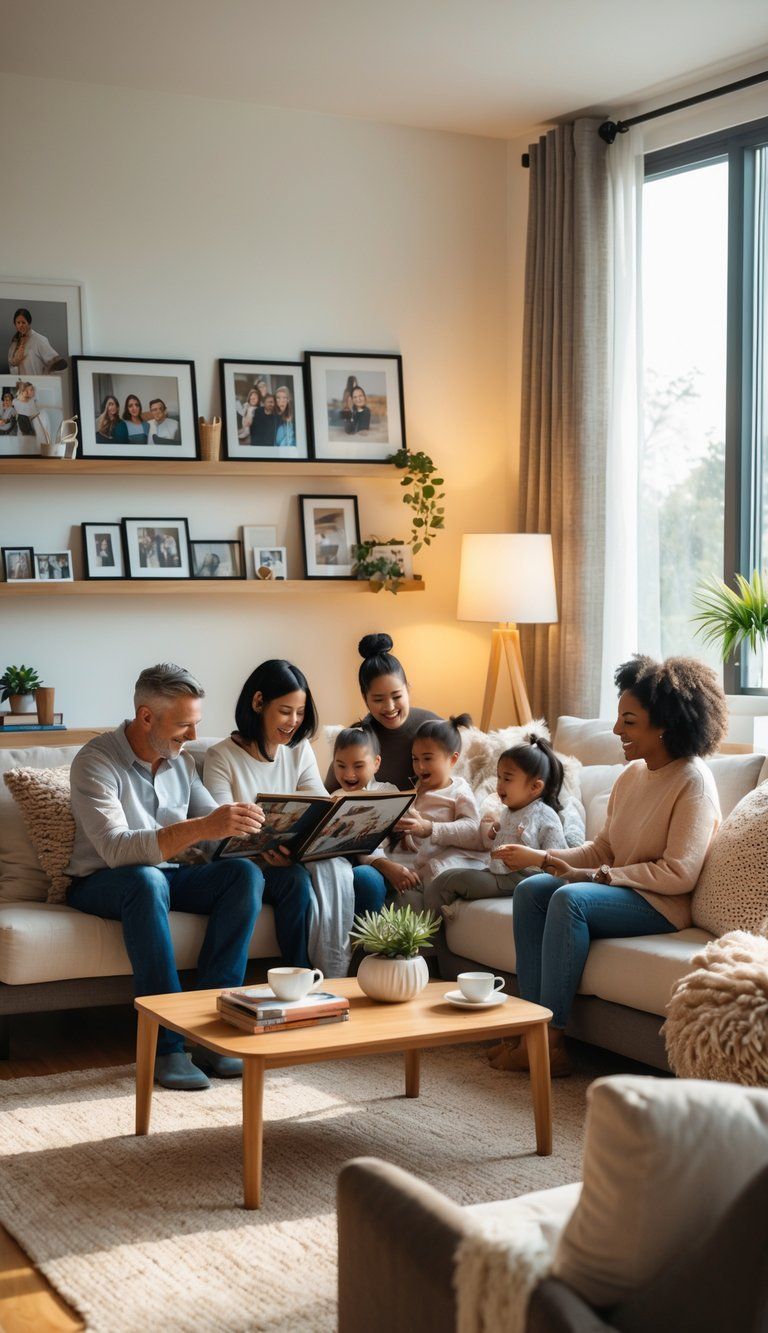 A cozy living room with a person arranging family photos and personal items on shelves, surrounded by comfortable furniture and natural light from large windows.