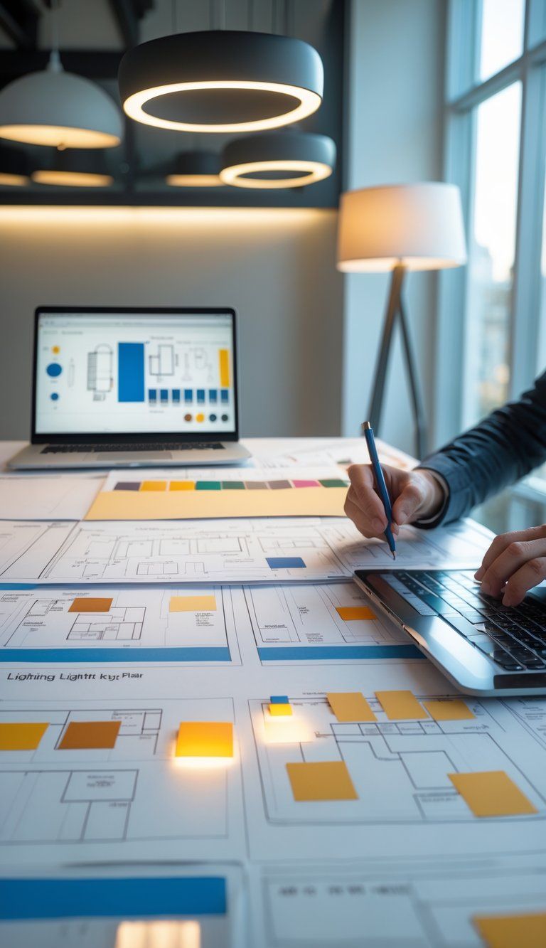 A person working at a desk covered with lighting design plans and blueprints, surrounded by different types of light fixtures in a bright office.