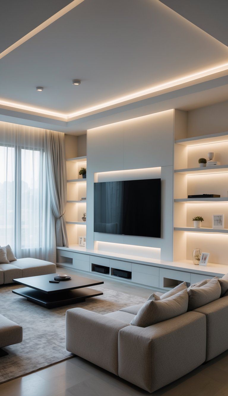 A cozy media room with a wall-mounted TV, a sectional sofa, built-in shelves, and natural light coming through large windows.