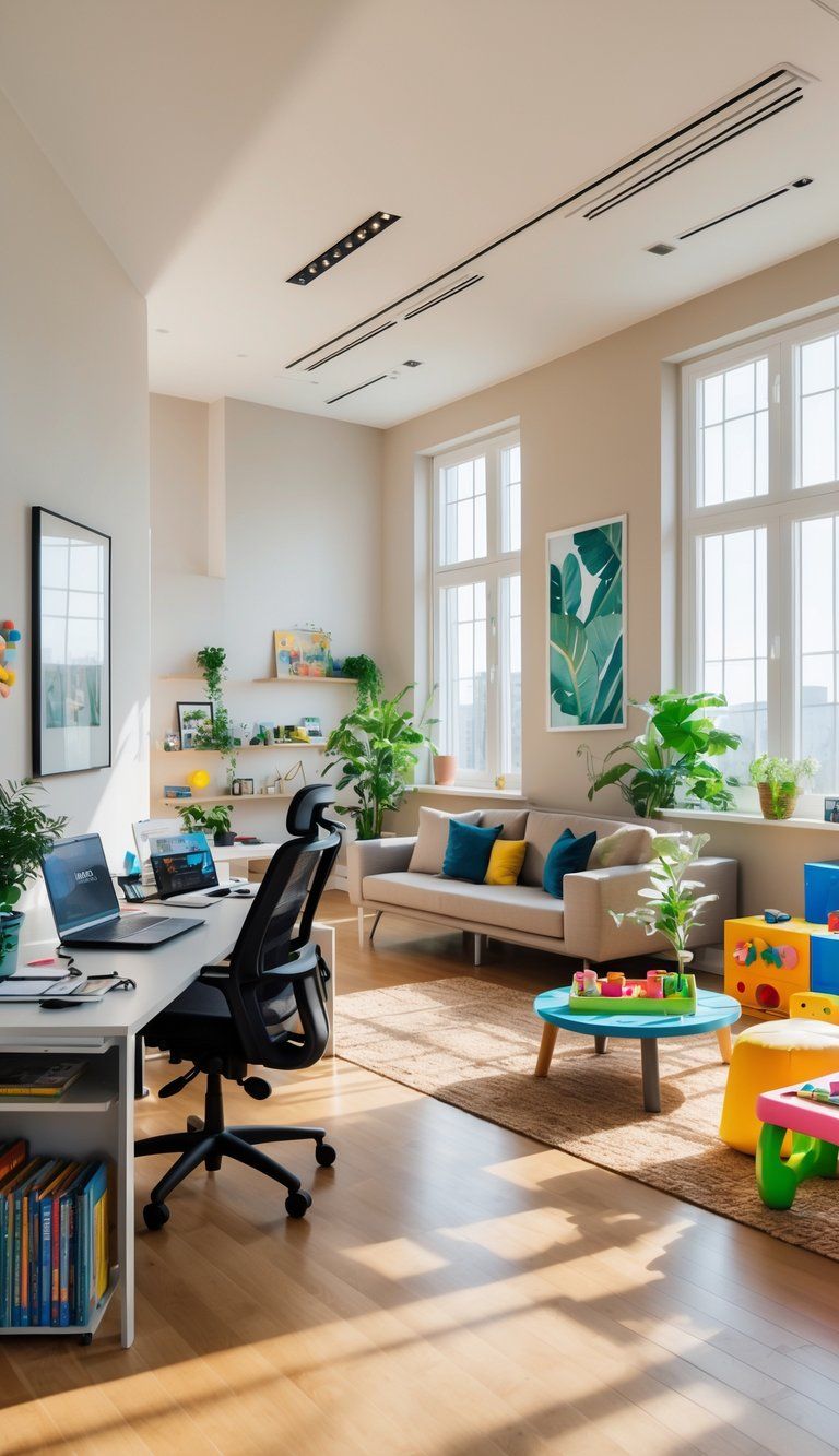 A bright, spacious room divided into areas for working with a laptop, relaxing on a sofa, and playing with toys, featuring large windows and indoor plants.