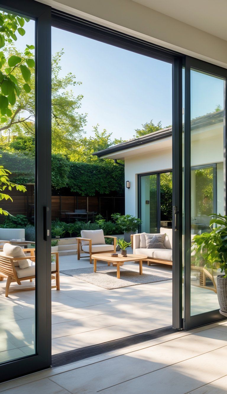 A modern living room connected to an outdoor patio through large glass doors, showing indoor furniture and outdoor garden seating.