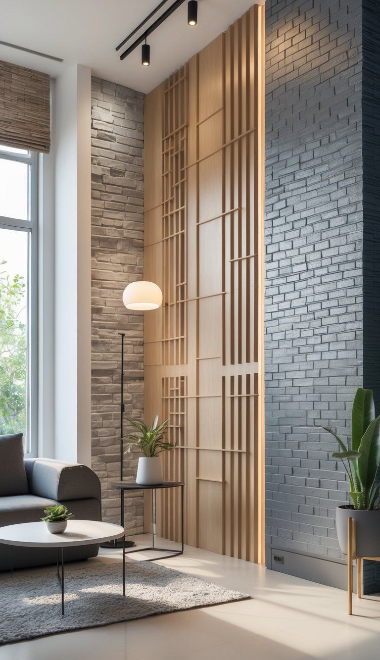 Interior room showing a wall with various textured and patterned treatments including wood panels, wallpaper, molding, and exposed brick, with modern furniture nearby.