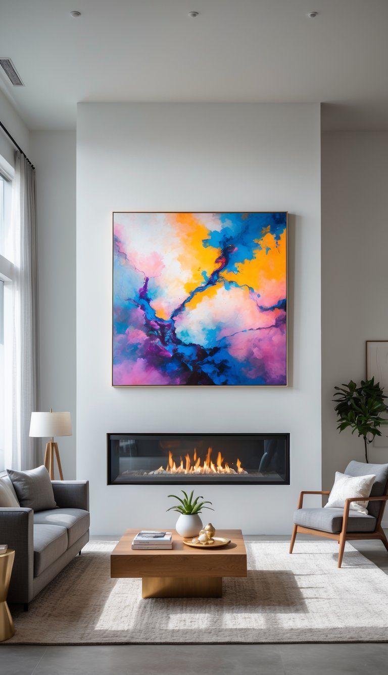 A modern living room with plain white walls featuring a large colorful painting above a fireplace, with a sofa, armchair, coffee table, and natural light coming through windows.