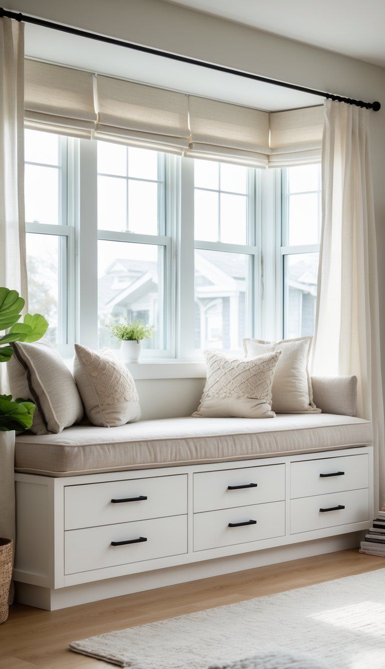 A window seat with cushions and built-in storage drawers underneath in a bright living room with natural light.