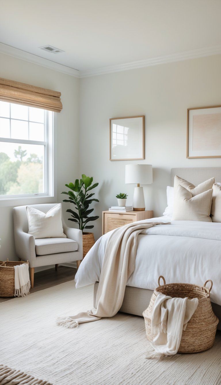 A tidy guest bedroom with a made bed, nightstand with lamp and plant, armchair by a window, and simple decor creating a welcoming atmosphere.