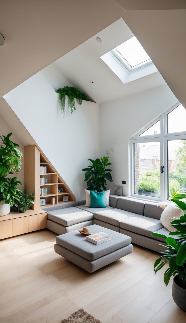 A modern living room with angled walls and custom furniture arranged to fit the irregular space, featuring large windows and indoor plants.
