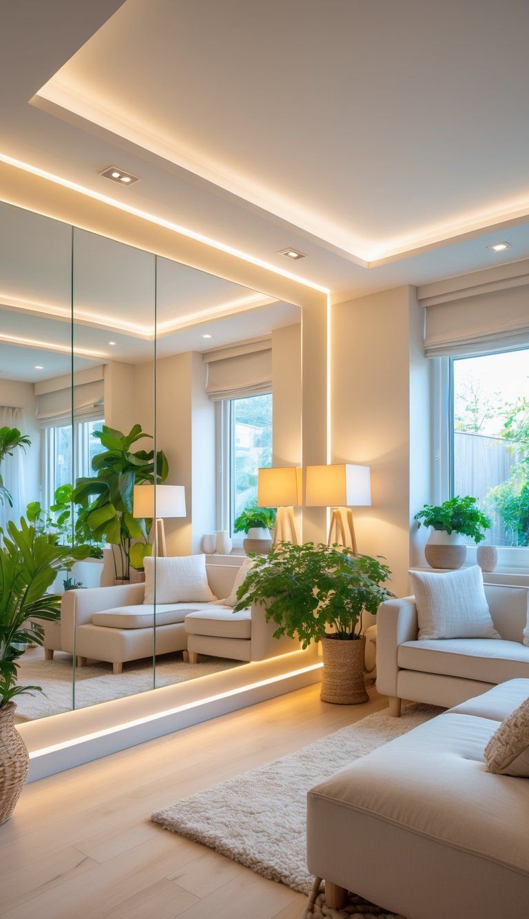 A bright living room with light-colored walls, mirrors, indoor plants, and multiple lamps creating a warm and inviting atmosphere.