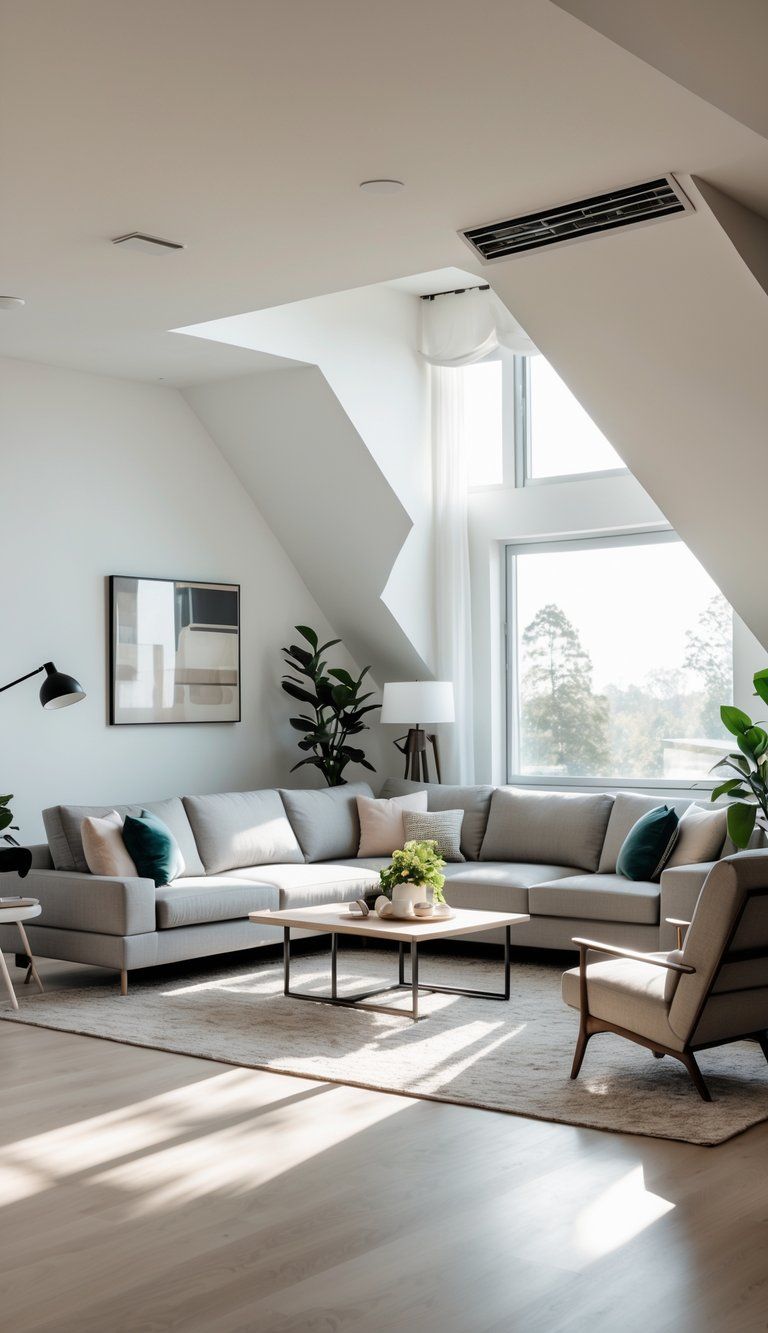 A modern living room with angled walls and carefully arranged furniture including a sectional sofa, coffee table, and armchair, illuminated by natural light.