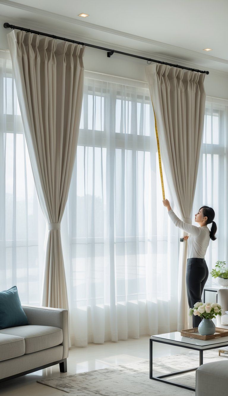 A person adjusting curtains in a bright living room with large windows and neatly hung curtains extending to the floor.