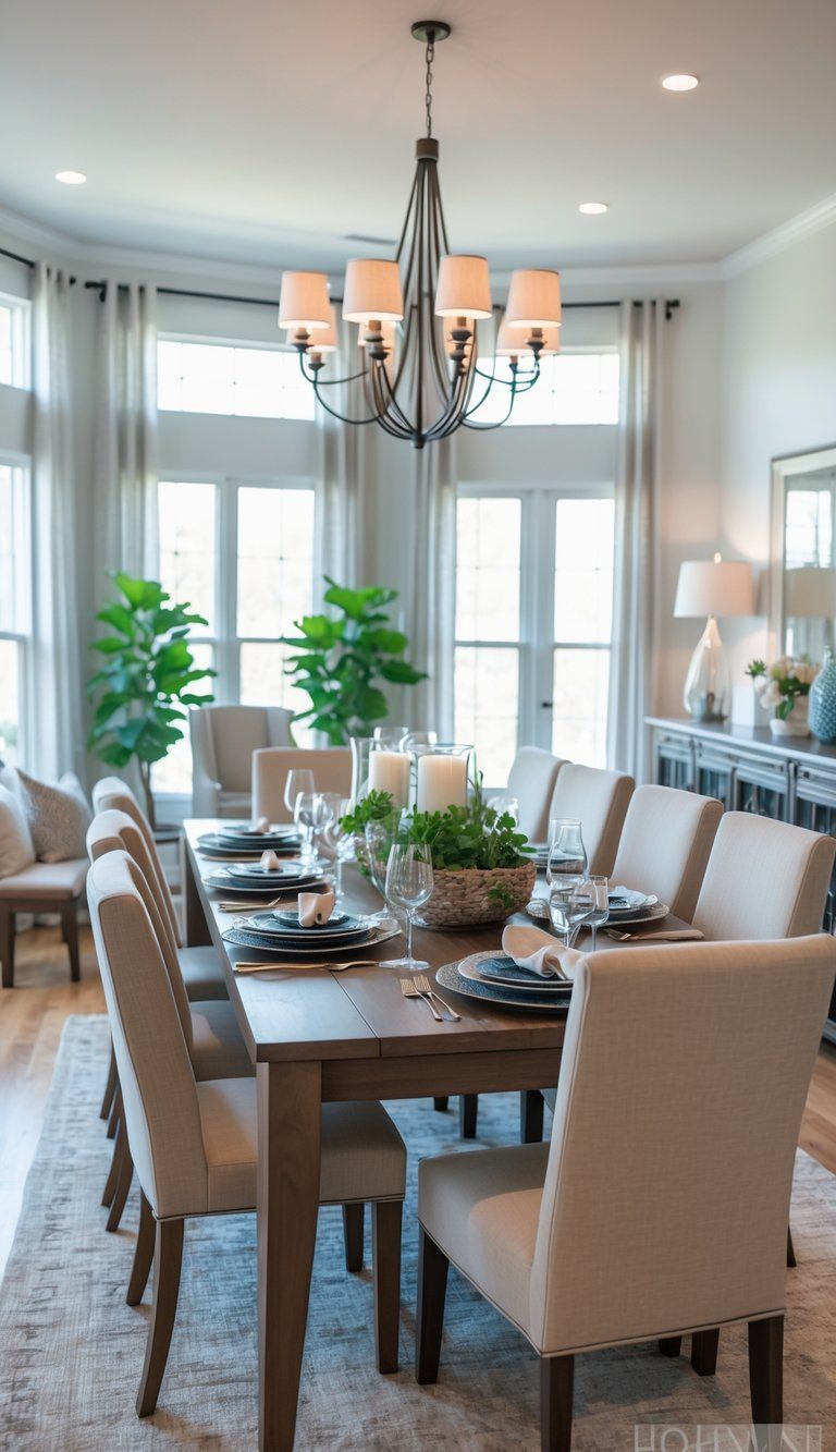 A bright dining room with a large wooden table set for a meal, surrounded by chairs and illuminated by a chandelier.