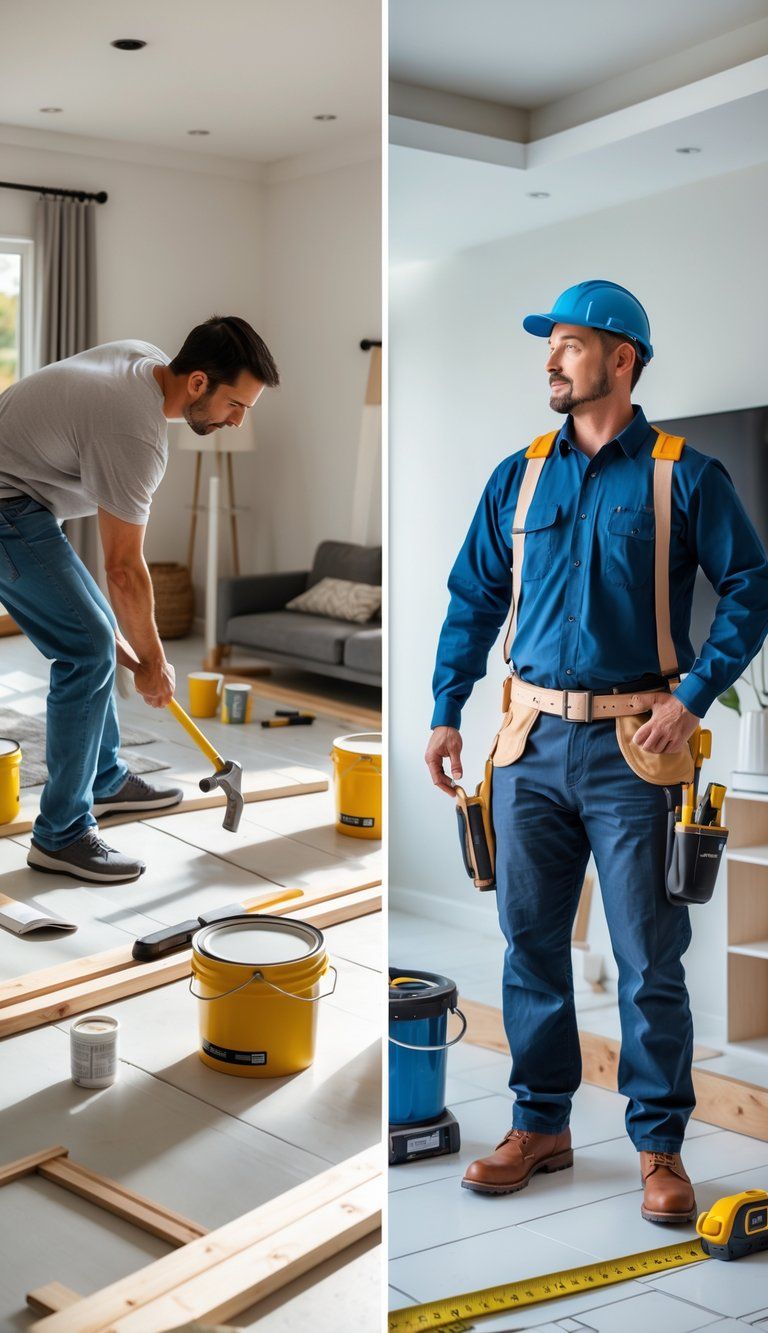 Split scene showing a person doing a home improvement project on one side and a professional contractor inspecting a finished room on the other side.