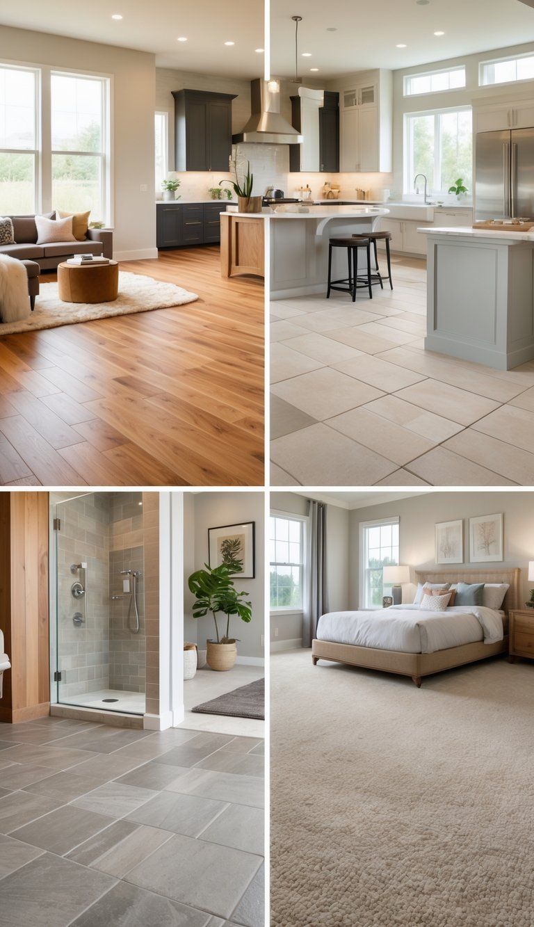Interior scene showing different flooring materials arranged in separate areas representing living room, kitchen, bathroom, and bedroom.