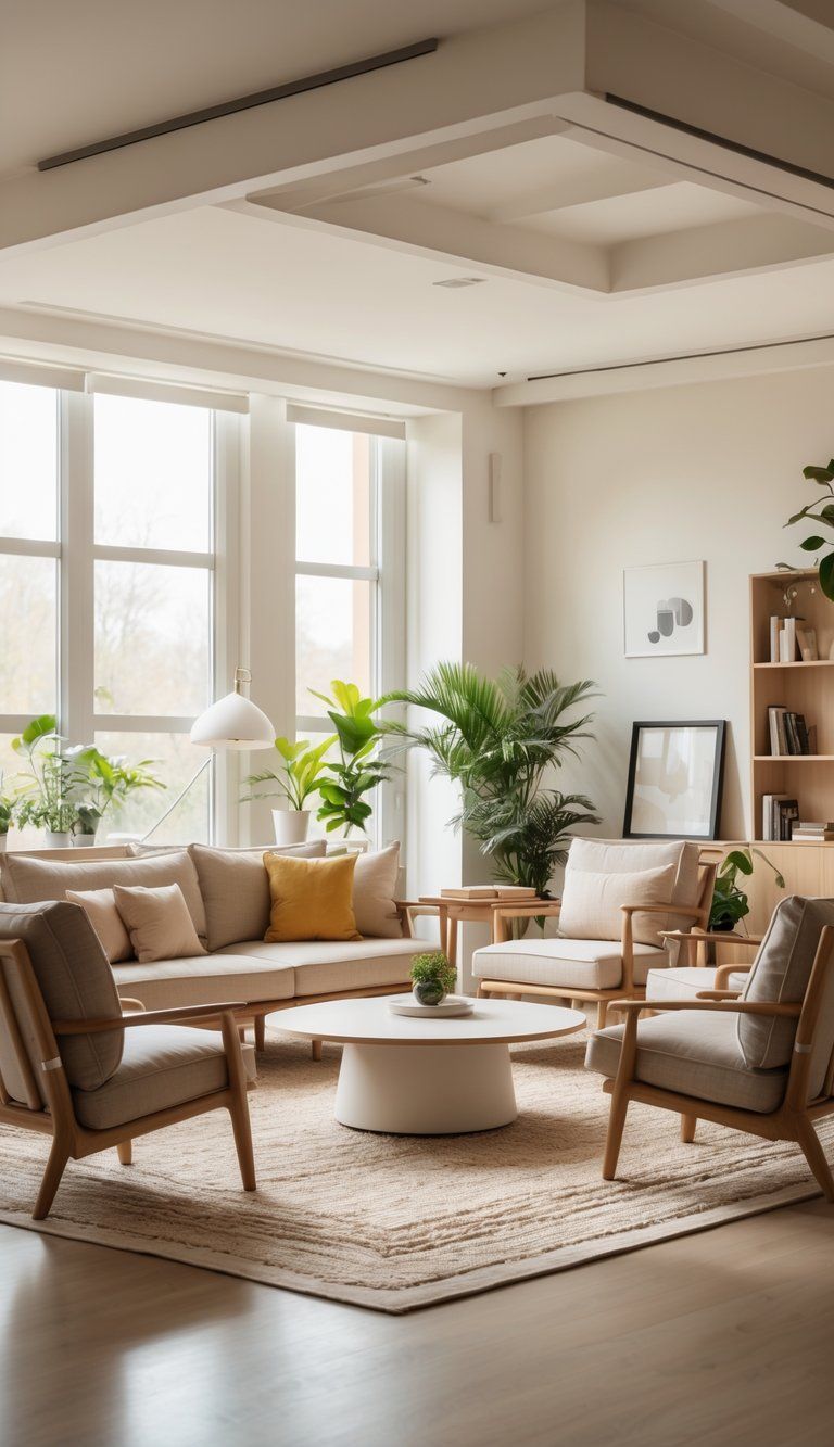 A living room with a circular seating arrangement of a sofa and armchairs around a coffee table, designed to encourage conversation.