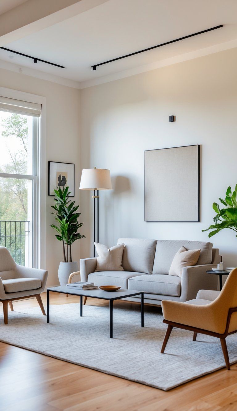 A modern living room with a sofa, armchair, coffee table, plants, and a large window showing well-proportioned furniture arrangement.
