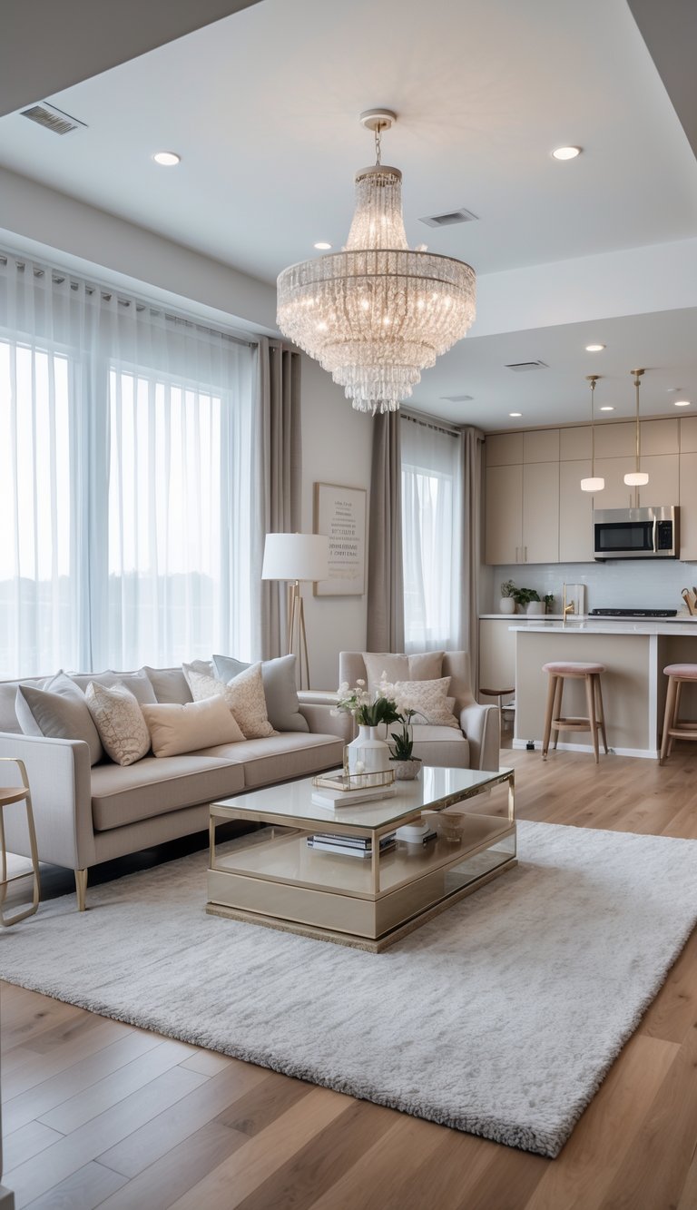 A modern living room with a plush sofa, designer coffee table, chandelier, bookshelf, hardwood floor with area rug, and a kitchen area with premium appliances.
