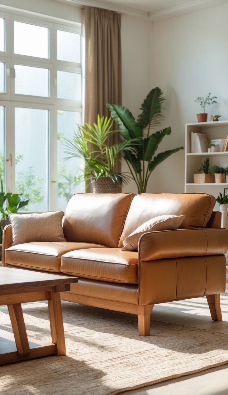 A durable leather sofa in a bright living room with natural sunlight, wooden furniture, and plants.